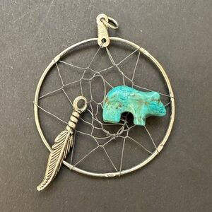 Silver Dream Catcher Pendant Turquoise Bear & Feather Charm Native American